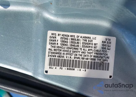 2004 Honda Odyssey Ex from USA, damaged, VIN 5FNRL18814B118998